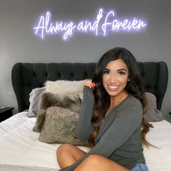 Always and Forever cursive word sign in white LED neon flex shown as bedroom décor @nadia - made by @customneon