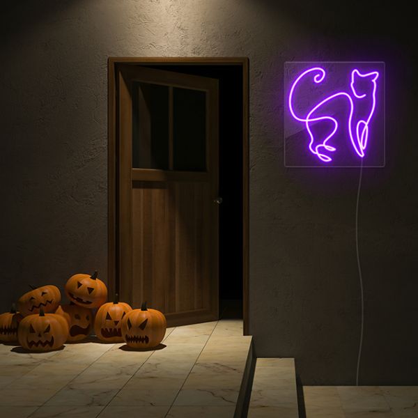 Purple Line Art Cat Neon Sign in purple in spooky Halloween setting: pre-designed LED neon art from Custom Neon®
