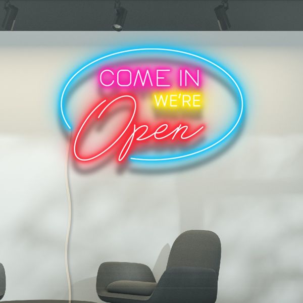 Come In We're Open LED Neon Flex sign in multiple colors and fonts - from CustomNeon.com