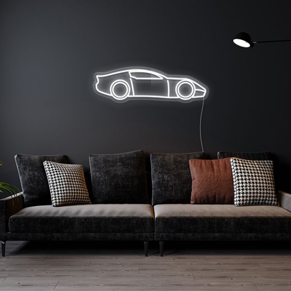 White Corvette CUSTOM NEON® Art shown on dark wall in a  man cave