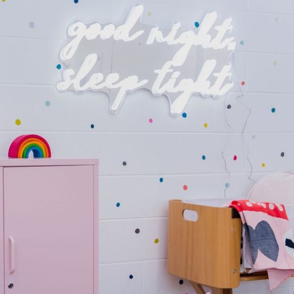 Good Night Sleep Tight white LED nightlight sign on silver mirrored backing wall mounted in a nursery by CUSTOM NEON® 