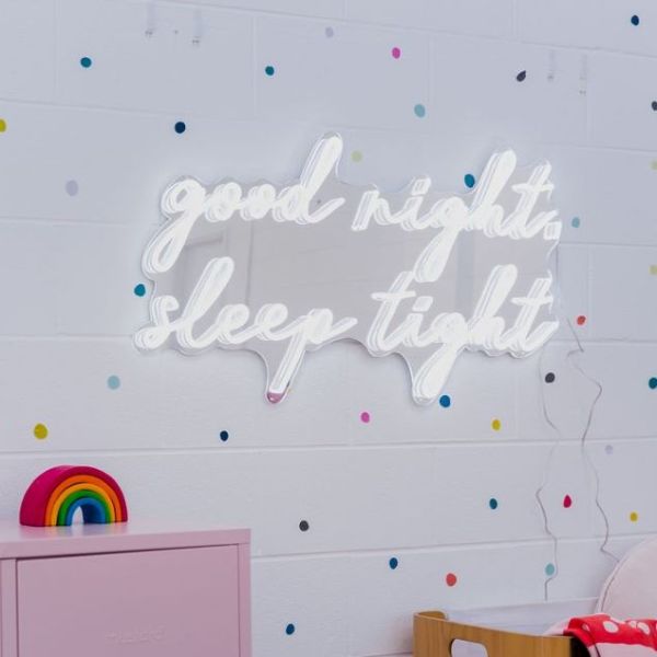 Good Night Sleep Tight white LED nightlight sign on silver mirrored backing wall mounted in a nursery by CUSTOM NEON® 