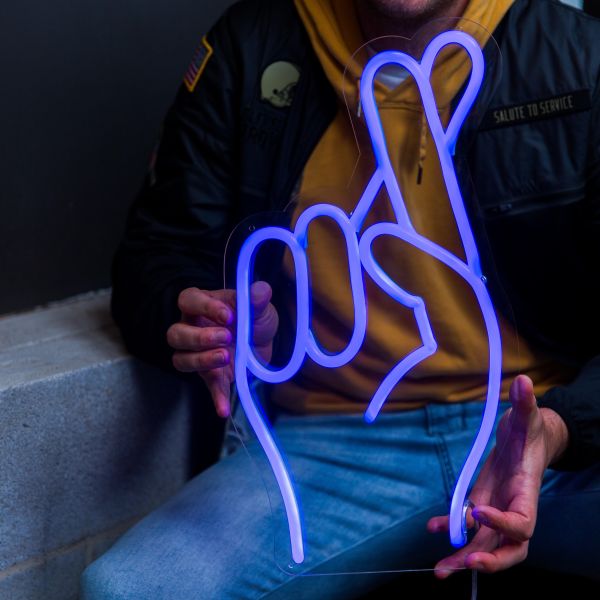 Fingers Crossed Emoji Light Sign in dark blue from Custom Neon®