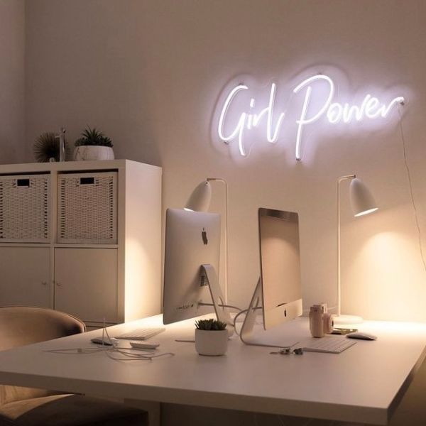 White Girl Power word sign by Custom Neon® - styling @insidestudiocouk,Custom Neon® white Girl Power sign wall mounted above a desk - styling @insidestudiocouk