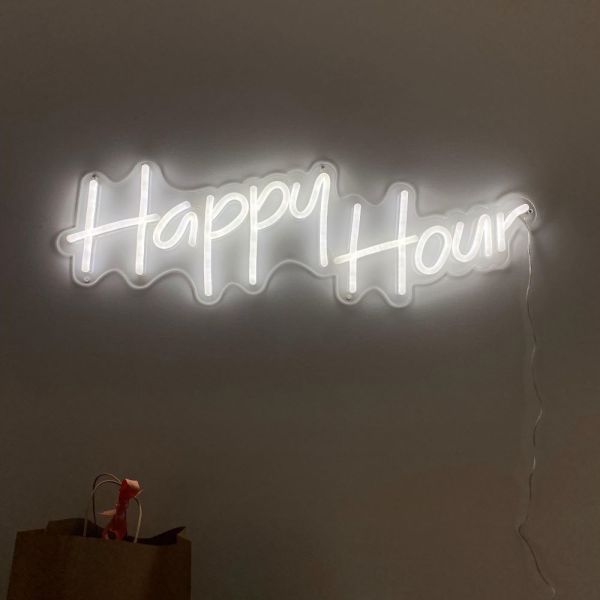 White Happy Hour lightup bar sign by Custom Neon®