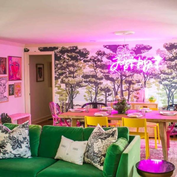 Just try it LED neon wall art from Custom Neon® shown in an open plan living/dining room 
