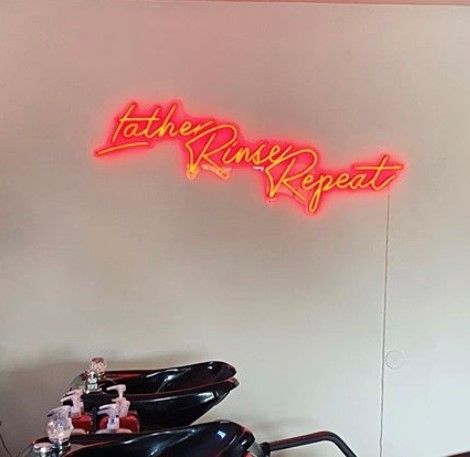 Lather Rinse Repeat red neon light  @roots_beautybar made by Custom Neon
