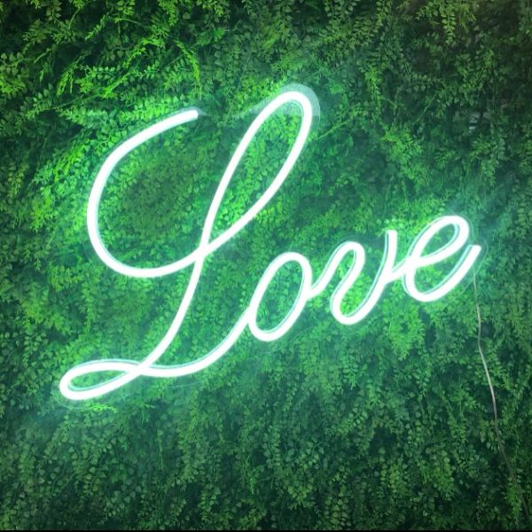 Romantic Love Sign in LED Neon Flex shown on live green wall from Custom Neon™