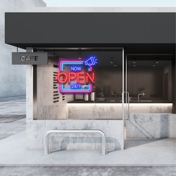 NOW OPEN 24/7 LED Neon Multi-Color Open Sign in Square Frame shown on a cafe window - from CustomNeon.com