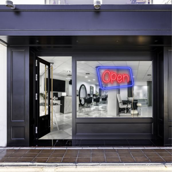 Neon look LED shop open sign shown in a hair salon window - from CustomNeon.com