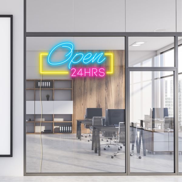 Open 24HRS LED Neon Light shown in office window - from CustomNeon.com