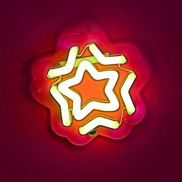Starlight Starbright Custom Neon® wall art shown in warm white against a dark pink wall in dim lighting