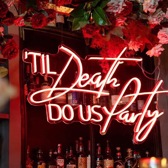 Til Death do us Party  LED neon sign hung above the bar at a wedding - made by @CustomNeon for @weddingsatkittyhawk @cupidandcostudios