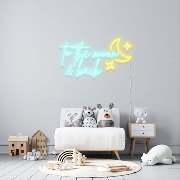 To the Moon & Back light sign with a moon & stars in a child's room - designed by Custom Neon