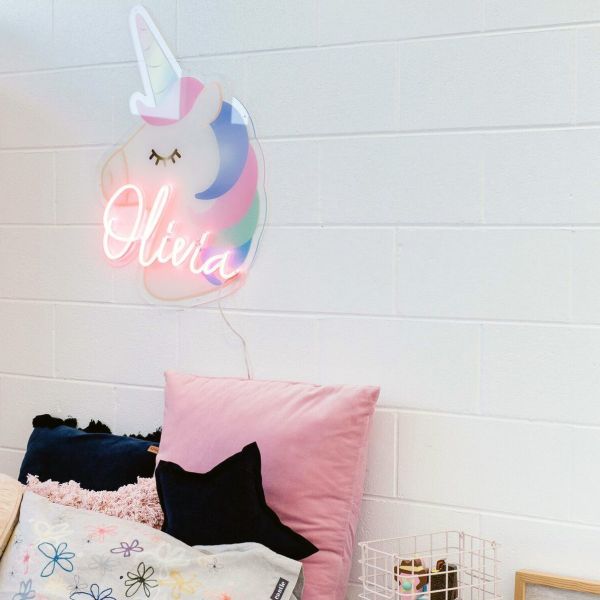 Personalized name sign with a unicorn background from CustomNeon.com