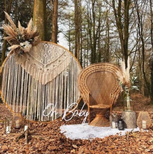 Oh Baby white LED neon light styled in a woodland setting - made by @customneon for @effortless_elegance_uk