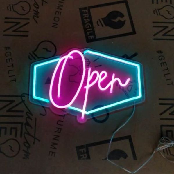 LED neon flex open sign in pink with a blue outline - from CustomNeon.com
