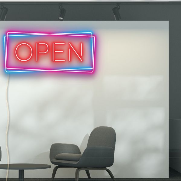 Neon look LED open sign features the word OPEN in eye catching red, offset by a rectangular double outline in brilliant pink and blue - from CustomNeon.com