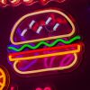 Custom Neon food sign: Hamburger with the Lot  shown illuminated against a dark wall in dim light
