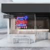 NOW OPEN 24/7 LED Neon Multi-Color Open Sign in Square Frame shown on a cafe window - from CustomNeon.com