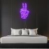 Skeleton hand peace sign in purple LED neon flex shown as bedroom wall décor - by Custom Neon®.