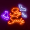 Custom Neon® Halloween lightup signs and art: purple witch's hat, bats & Stay Spooky quote sign