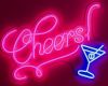 Pink and blue LED neon sign of the word Cheers in a retro script font with a martini glass - by Custom Neon®