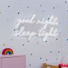 Good Night Sleep Tight white LED nightlight sign on silver mirrored backing wall mounted in a nursery by CUSTOM NEON® 