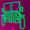 CUSTOM NEON® Garage Signs: Green Jeep LED wall art shown illuminated against a dark background in dim light