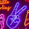 Custom Neon® blue peace hand LED neon light shown illuminated against a dark background in dim light