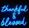 Thankful & Blessed LED Neon Sign - cursive word sign on a clear acrylic backboard - photo from CustomNeon.com
