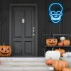 LED Neon Skull Light pre-designed light-up wall art from Custom Neon® shown on dark wall in Halloween setting