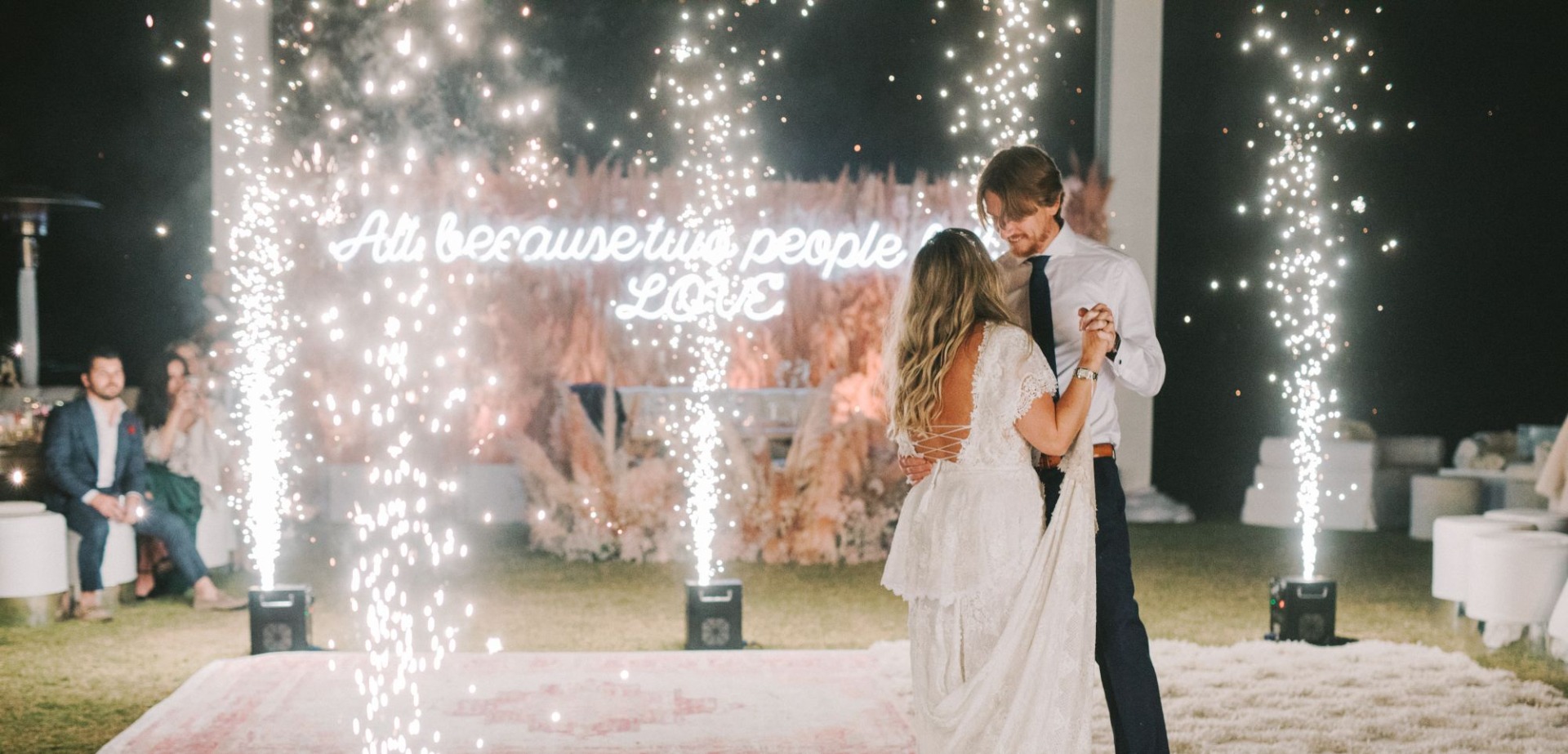All Because Two People Fell in Love large white outdoor Custom Neon® wedding sign