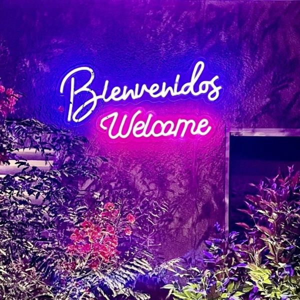 Bienvenidos Welcome pink & blue Custom Neon® garden sign