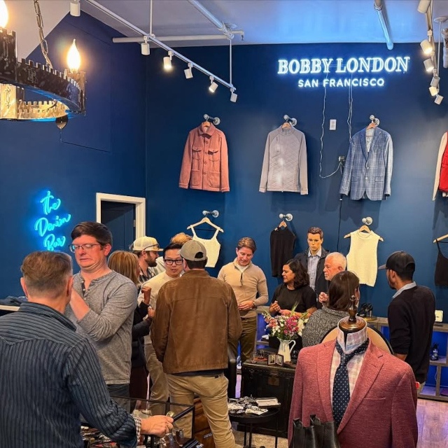 Bobby London San Francisco white Custom Neon® store name sign on a grey blue wall @bobbylondon