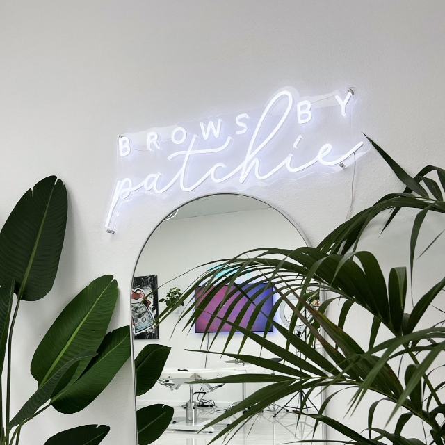 White Custom Neon® brow studio name sign @browsbypatchie