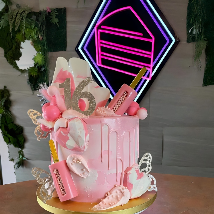 Multicolored Custom Neon® UV print bakery wall art @alliecakescustomcakes