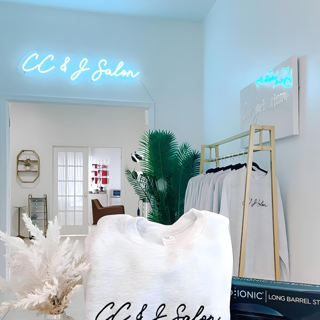 Blue Custom Neon® hair salon name sign @ccandjsalon