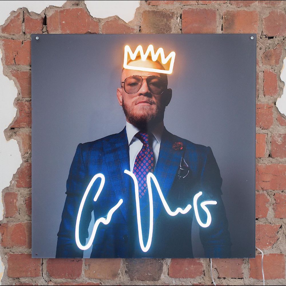 Custom Neon® UV print Conor McGregor poster with crown & signature in LED neon flex @theresidentbarber