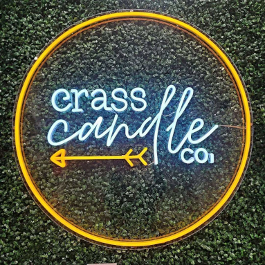 Custom Neon® outdoor white & yellow logo sign @crasscandleco