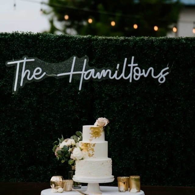 Custom Neon® personalized last name wedding sign hung from a hedge wall with a wedding cake in the foreground