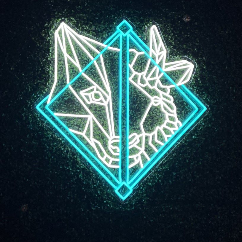 Blue Custom Neon® logo sign @thetwistedwool @woolworththeatre