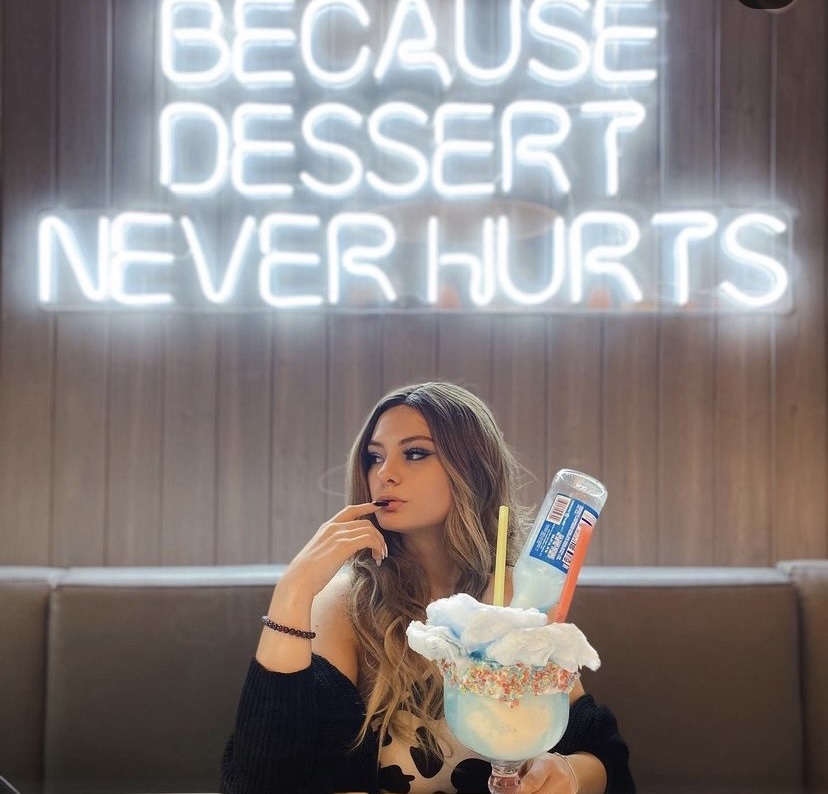 Because Dessert Never Hurts white quote sign @mannysweetreats by Custom Neon® 