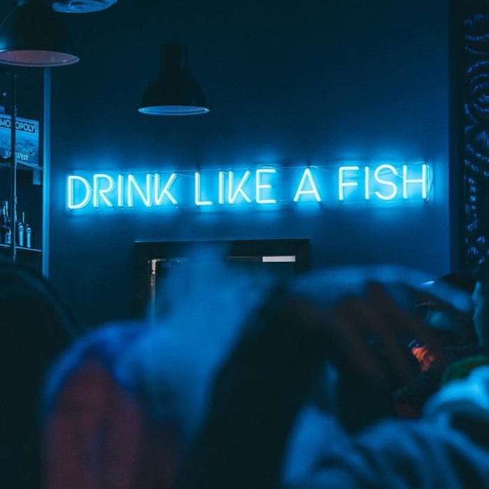 Blue Custom Neon® bar quote sign @fishbowlatthebanks
