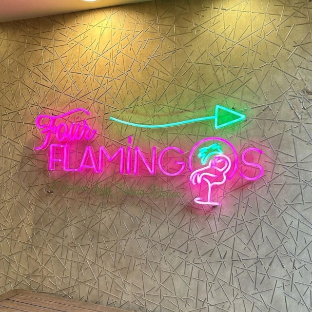 Multicolored restaurant logo sign by Custom Neon® @fourflamingosorl