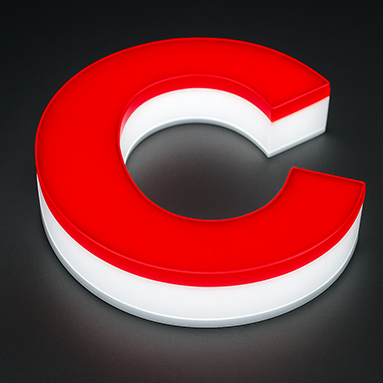 Acrylic letter C with red face lit with white LED light