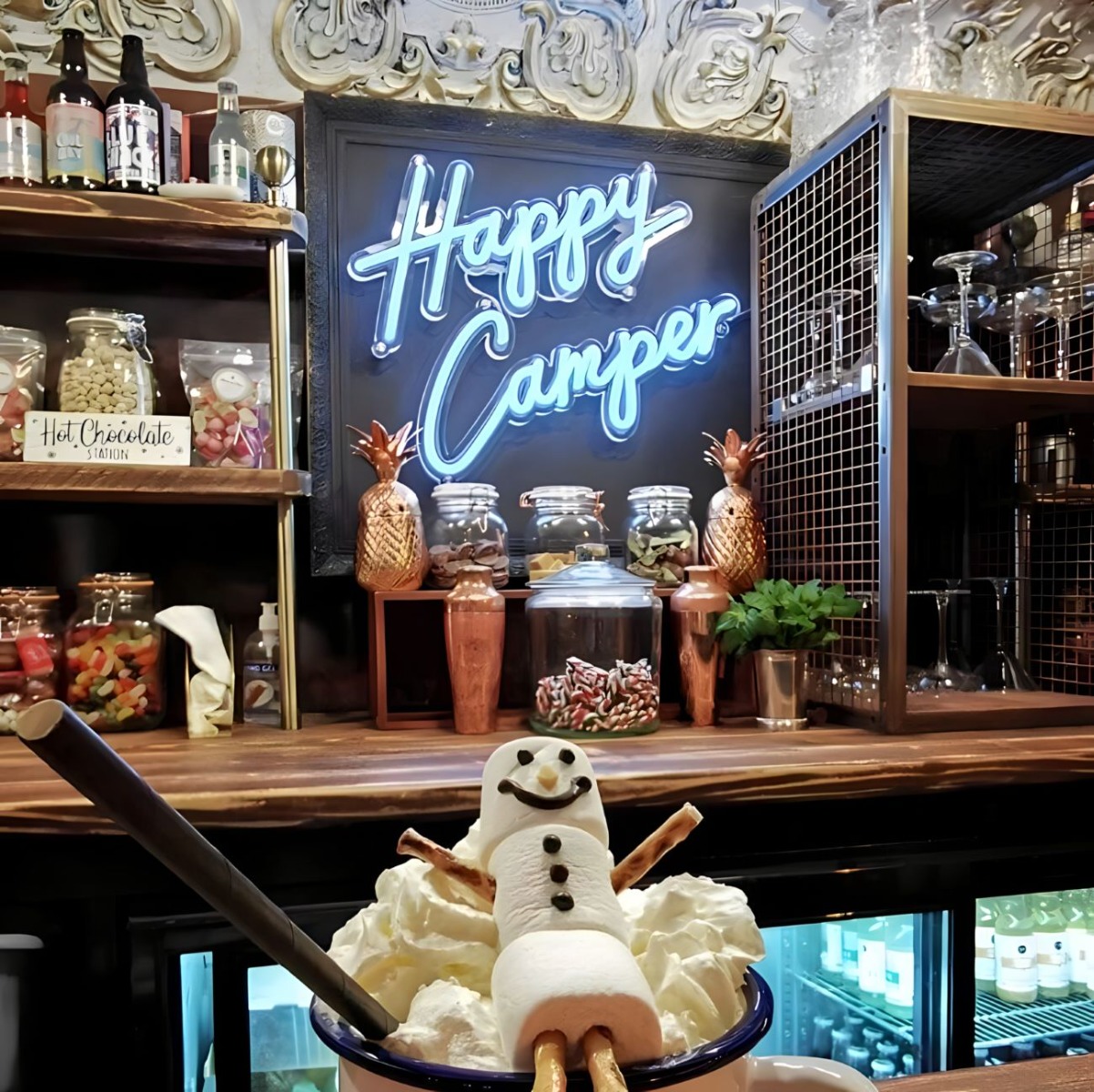 White Custom Neon® Happy Camper sign @bakehousecoffeeshop