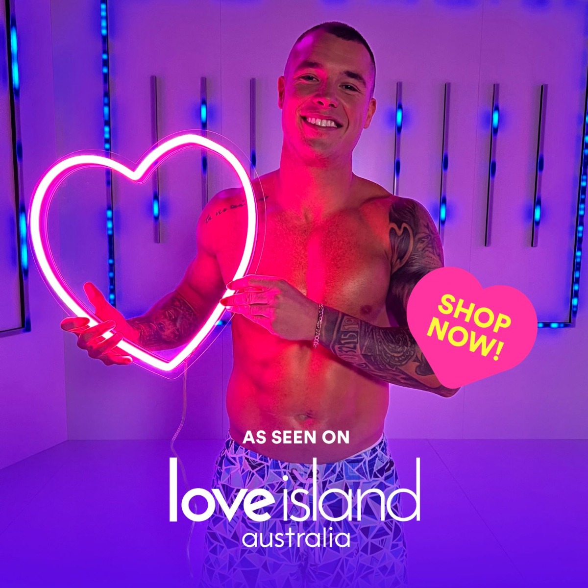 Custom Neon® Love heart modeled by Conor Howard - made for the Love Island Australia Merchandise Collection