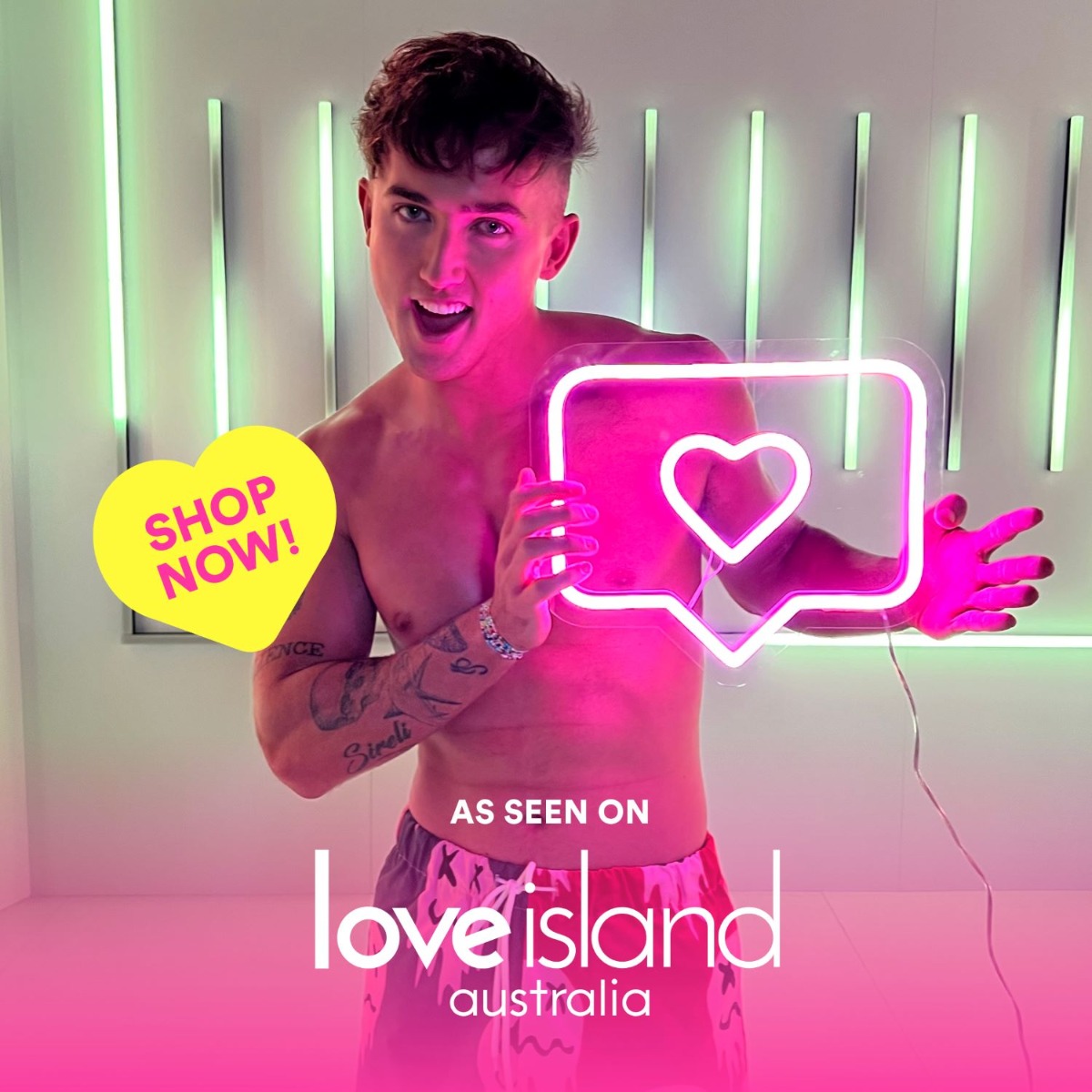 Custom Neon® heart message modeled by Mitchell Eliot - made for the Love Island Australia Merchandise Collection