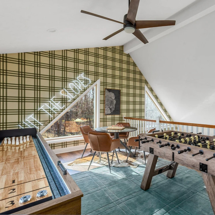 Hit the Slopes white LED Custom Neon® sign in an Airbnb cabin designed by Somerled